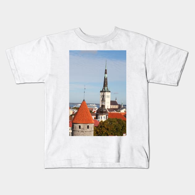 View from Toompea of the Lower Town, Old Town with Olai's Church or Oleviste Kirik, and a tower of the city wall, Tallinn, Estonia, Europe Kids T-Shirt by Kruegerfoto